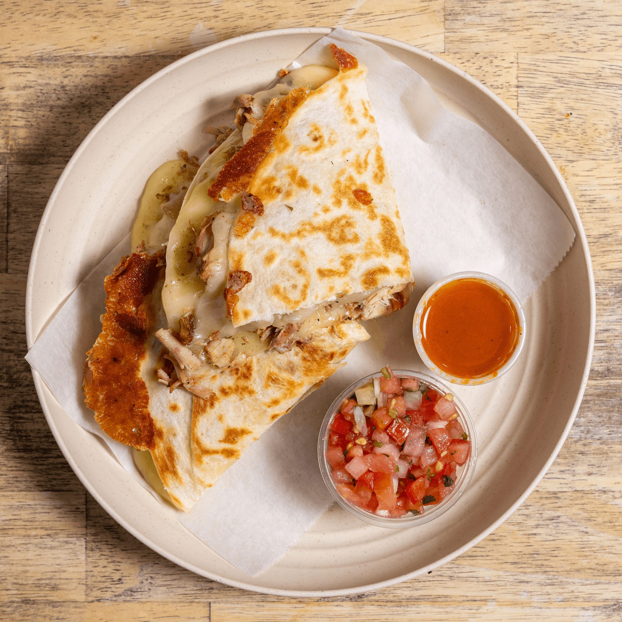 10 Quesadillas Pork or Chicken.