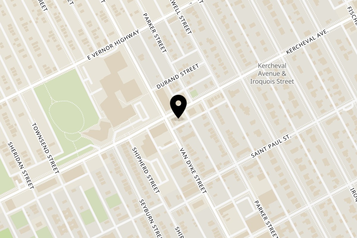 Map showing the location of La Fonda St Detroit on 8016 Kercheval Ave in Detroit